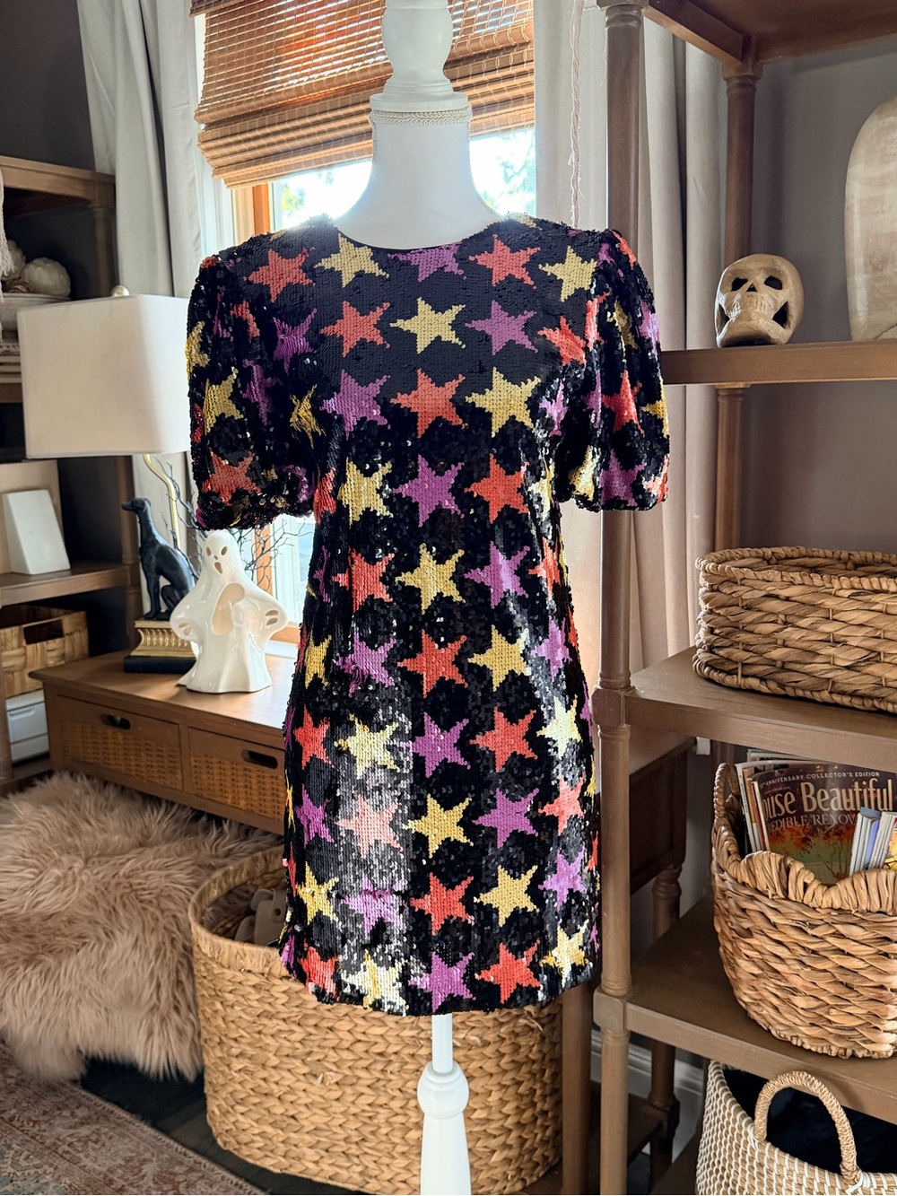 Sequin Star Short Sleeve Mini Dress - Black with Multi Stars
